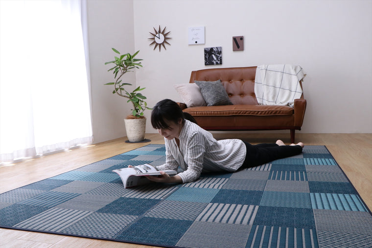 Japanese Igusa Carpet "Kyosashiko" multiple textures patchwork-style Ichimatsu