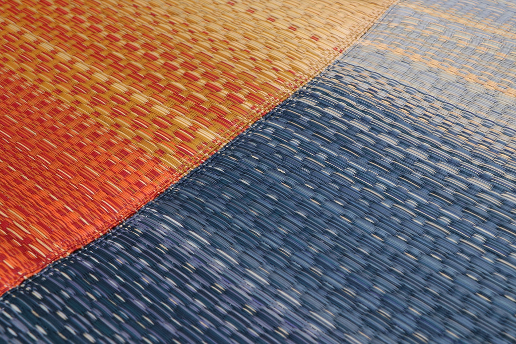 Japanese Igusa Tatami Rug Oval "F-Joy” IKEHIKO × Kaihara Denim, Non-Slip Backing