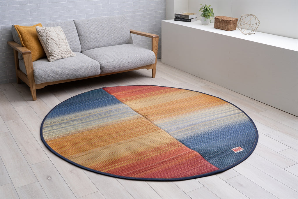 Japanese Igusa Tatami Rug Oval "F-Joy” IKEHIKO × Kaihara Denim, Non-Slip Backing