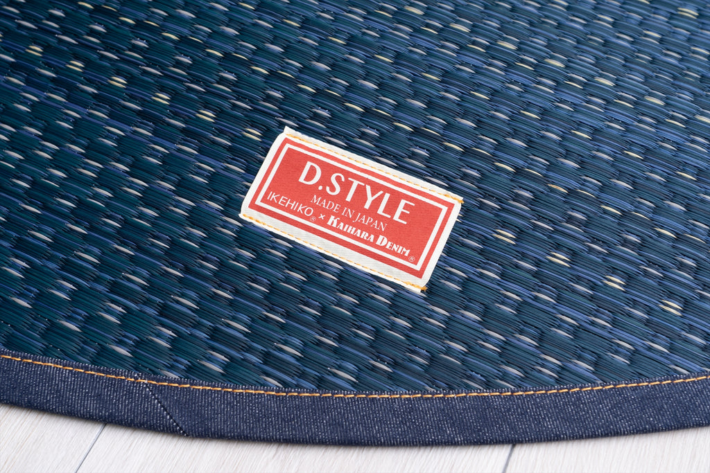 Japanese Igusa Tatami Rug Oval "F-Joy” IKEHIKO × Kaihara Denim, Non-Slip Backing
