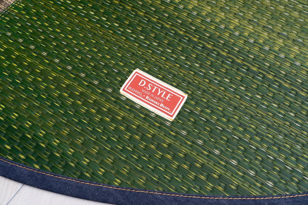 Japanese Igusa Tatami Rug Oval "F-Joy” IKEHIKO × Kaihara Denim, Non-Slip Backing